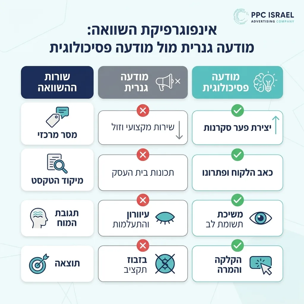 אינפוגרפיקה — מודעה גנרית מול מודעה פסיכולוגית: השוואה בין מודעה גנרית, מודעה פסיכולוגית