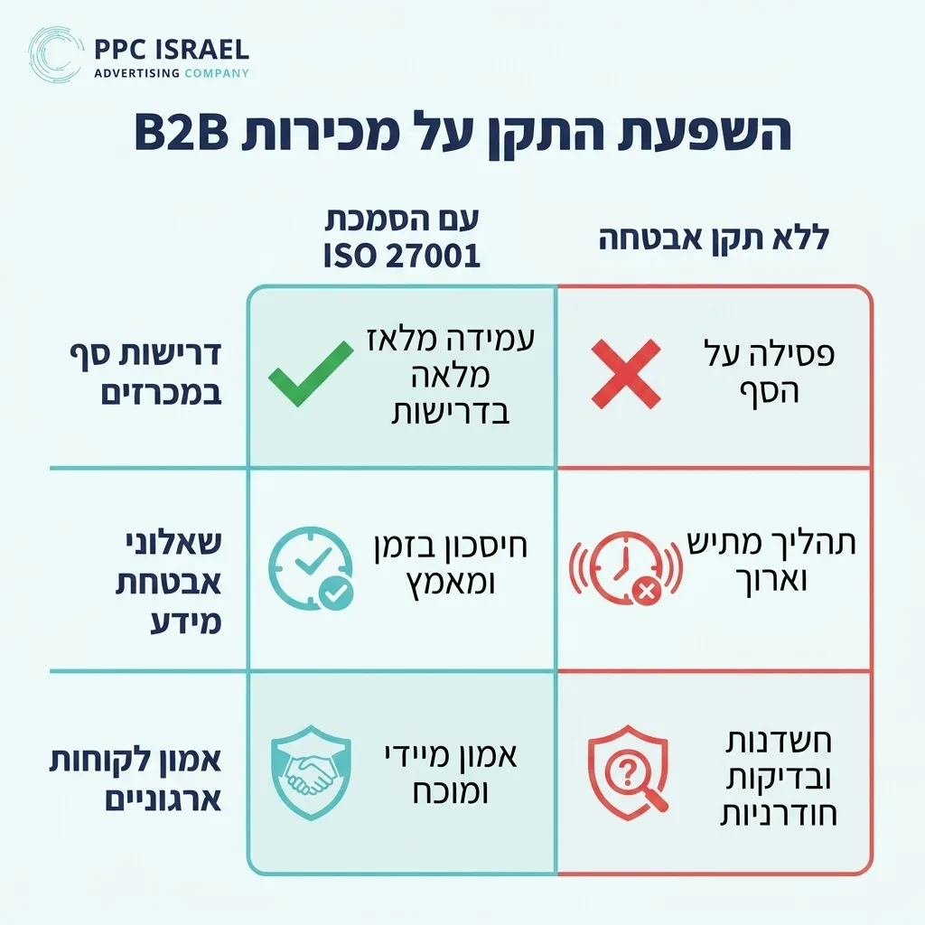 אינפוגרפיקה — השפעת התקן על מכירות B2B: השוואה בין עם הסמכת ISO 27001, ללא תקן אבטחה