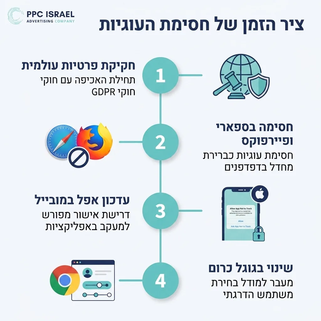 אינפוגרפיקה — ציר הזמן של חסימת העוגיות: חקיקת פרטיות עולמית, חסימה בספארי ופיירפוקס, עדכון אפל במובייל, שינוי בגוגל כרום