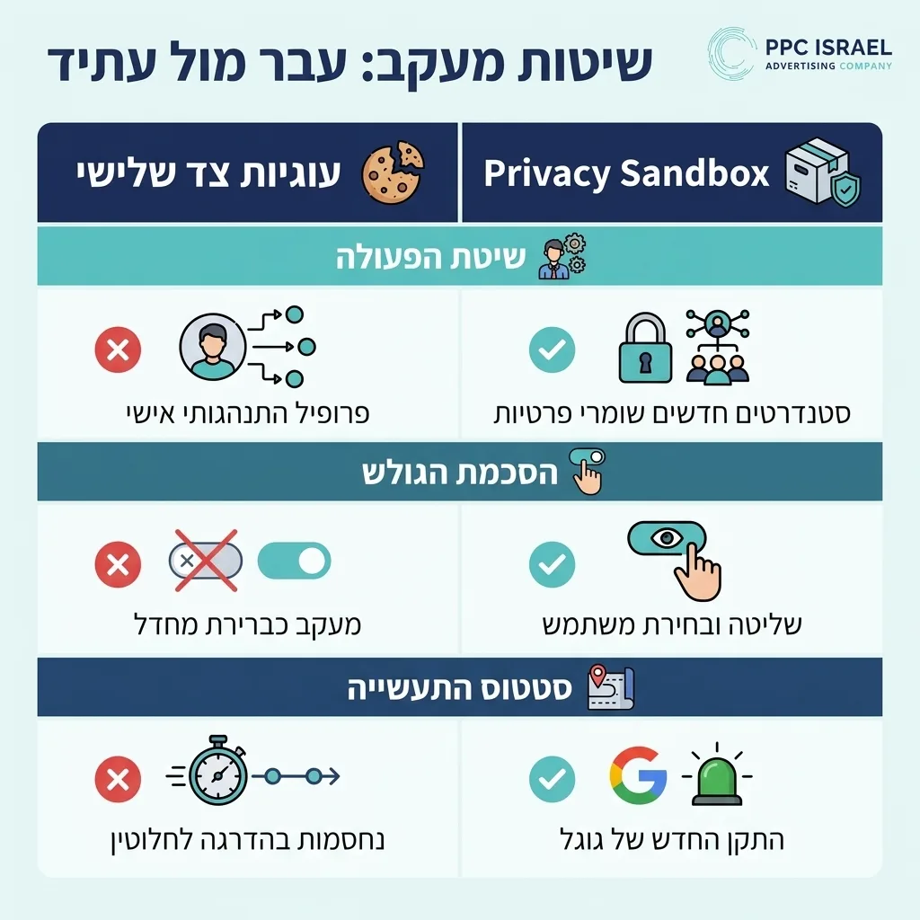 אינפוגרפיקה — שיטות מעקב: עבר מול עתיד: השוואה בין עוגיות צד שלישי, Privacy Sandbox