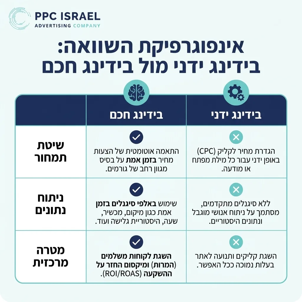 אינפוגרפיקה — בידינג ידני מול בידינג חכם: השוואה בין בידינג ידני, בידינג חכם