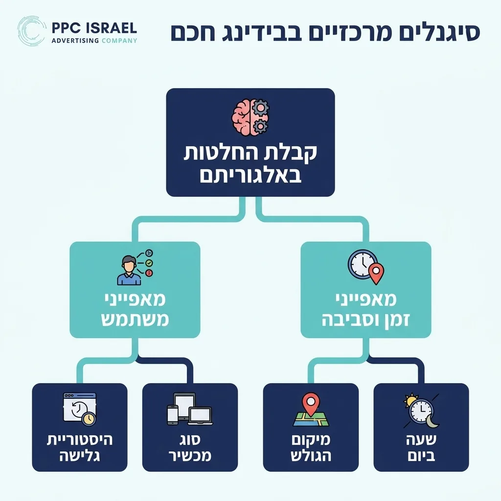 אינפוגרפיקה — סיגנלים מרכזיים בבידינג חכם: קבלת החלטות באלגוריתם
