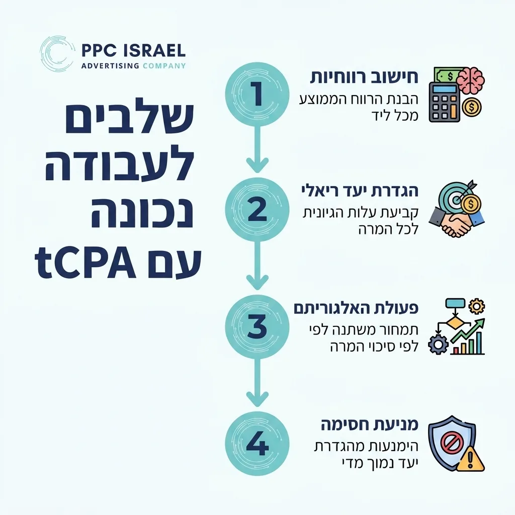 אינפוגרפיקה — שלבים לעבודה נכונה עם tCPA: חישוב רווחיות, הגדרת יעד ריאלי, פעולת האלגוריתם, מניעת חסימה