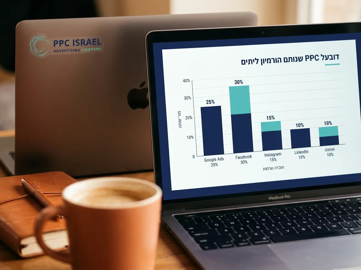 צילום איכותי של גרף התפלגות תקציב חודשי על מסך מחשב נייד, ברקע ספל קפה ומחברת עבודה, צבעים חמים ונעימים, פוקוס על המסך