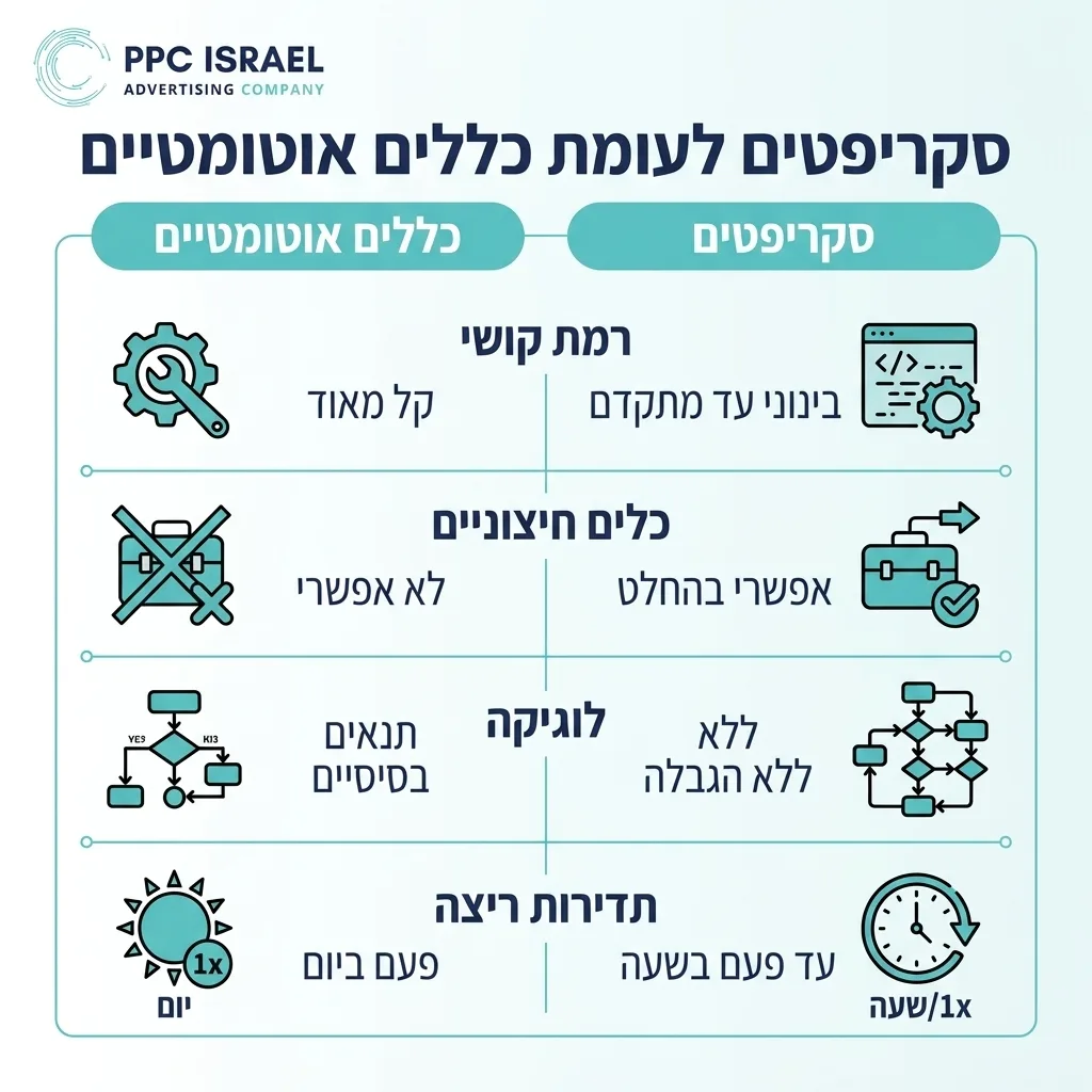 אינפוגרפיקה — סקריפטים לעומת כללים אוטומטיים: השוואה בין כללים אוטומטיים, סקריפטים