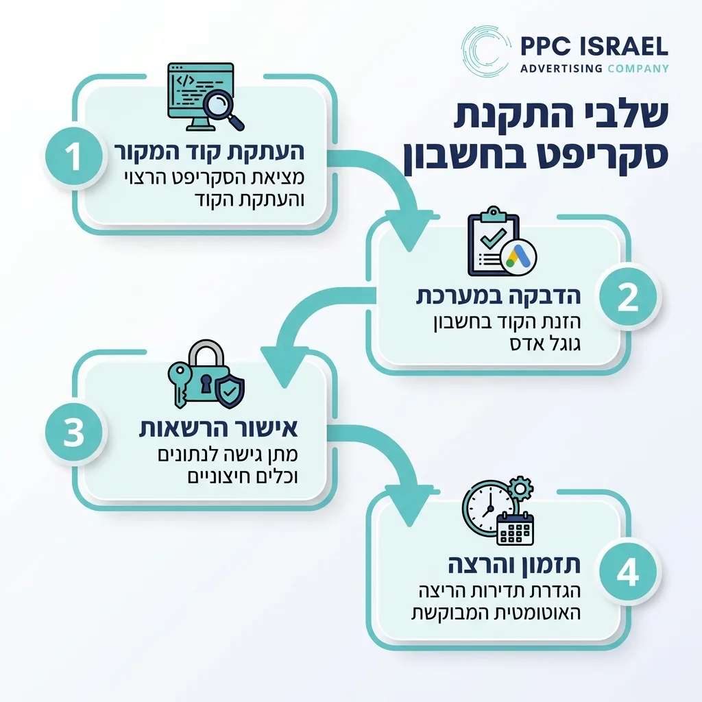 אינפוגרפיקה — שלבי התקנת סקריפט בחשבון: העתקת קוד המקור, הדבקה במערכת, אישור הרשאות, תזמון והרצה