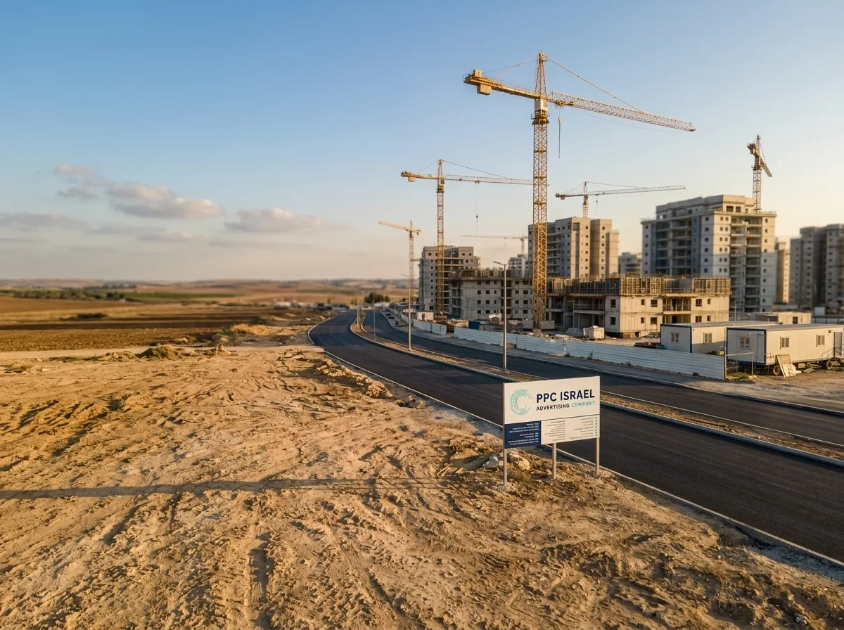 צילום ריאליסטי של שטח אדמה חשוף ויבש, כשלצידו עובר כביש סלול חדש וברקע נראים מנופים הבונים שכונת מגורים מודרנית