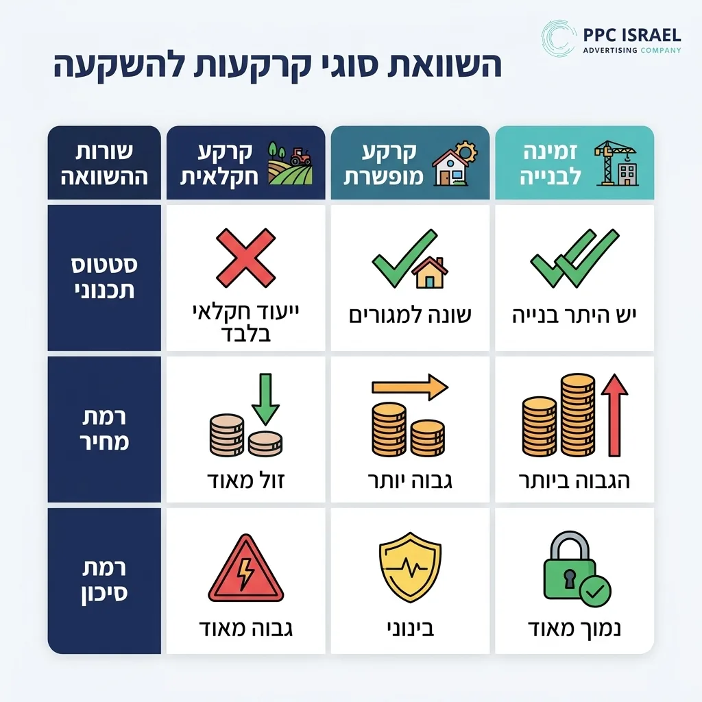 אינפוגרפיקה — השוואת סוגי קרקעות להשקעה: השוואה בין קרקע חקלאית, קרקע מופשרת, זמינה לבנייה