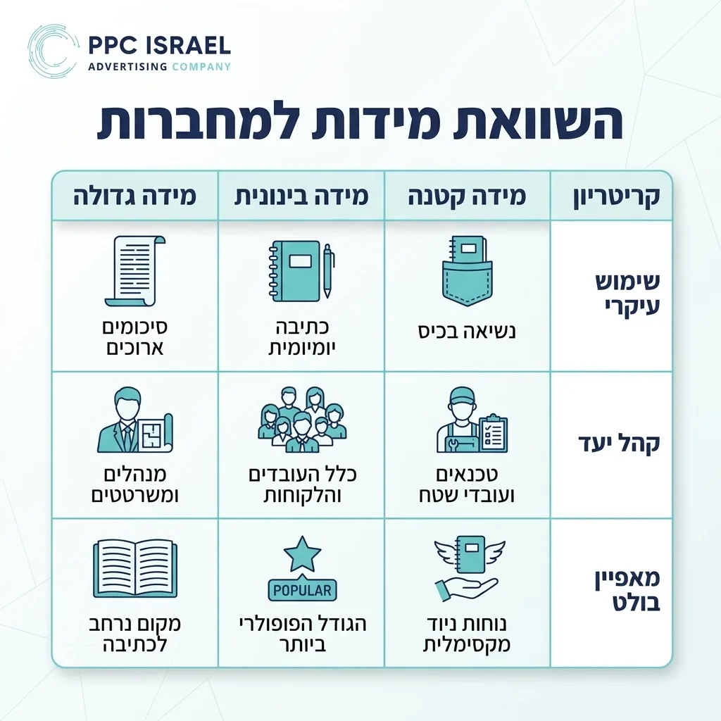 אינפוגרפיקה — השוואת מידות למחברות: השוואה בין מידה גדולה, מידה בינונית, מידה קטנה