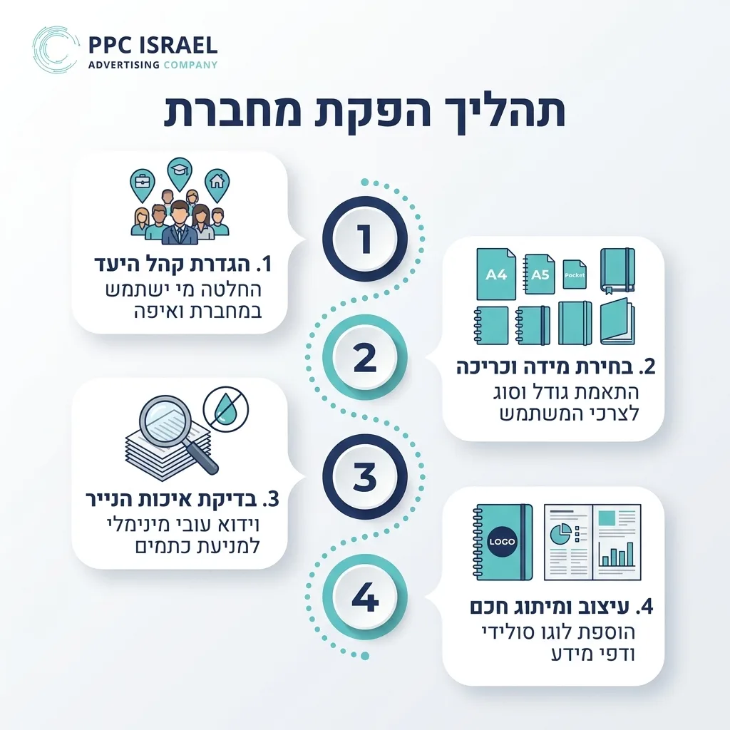 אינפוגרפיקה — תהליך הפקת מחברת: הגדרת קהל היעד, בחירת מידה וכריכה, בדיקת איכות הנייר, עיצוב ומיתוג חכם