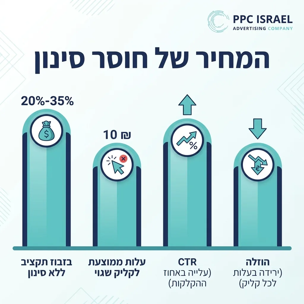 אינפוגרפיקה — המחיר של חוסר סינון: בזבוז תקציב ללא סינון, עלות ממוצעת לקליק שגוי, עלייה באחוז ההקלקות, ירידה בעלות לכל קליק