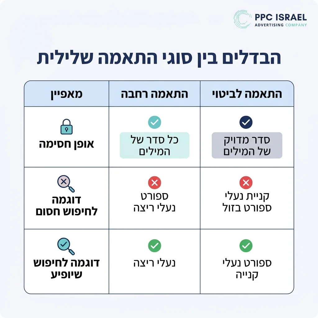 אינפוגרפיקה — הבדלים בין סוגי התאמה שלילית: השוואה בין התאמה רחבה, התאמה לביטוי
