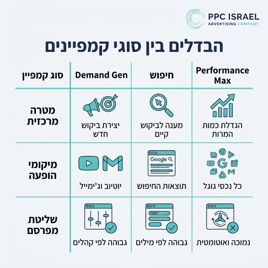 אינפוגרפיקה — הבדלים בין סוגי קמפיינים: השוואה בין Demand Gen, חיפוש, Performance Max