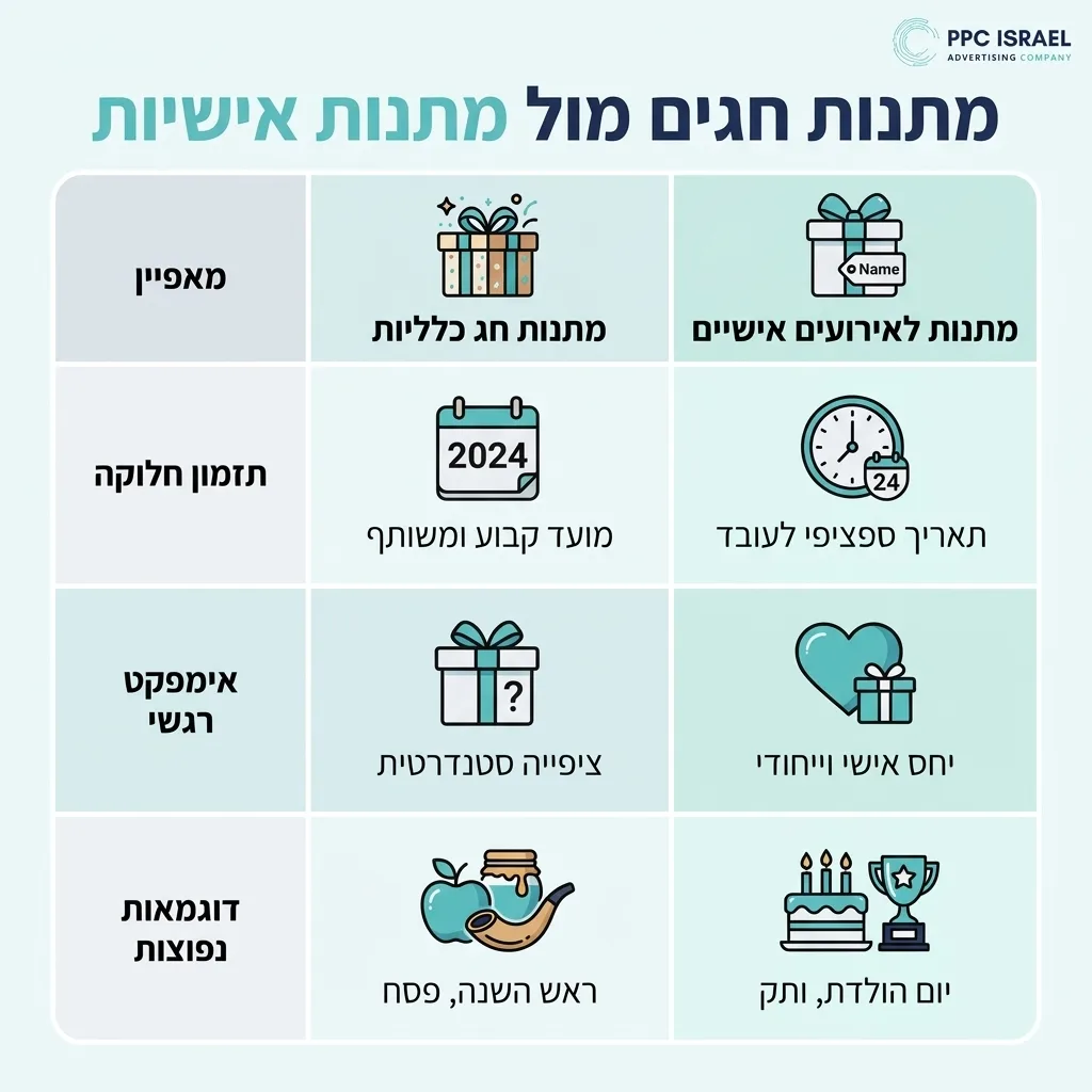 אינפוגרפיקה — מתנות חגים מול מתנות אישיות: השוואה בין מתנות חג כלליות, מתנות לאירועים אישיים