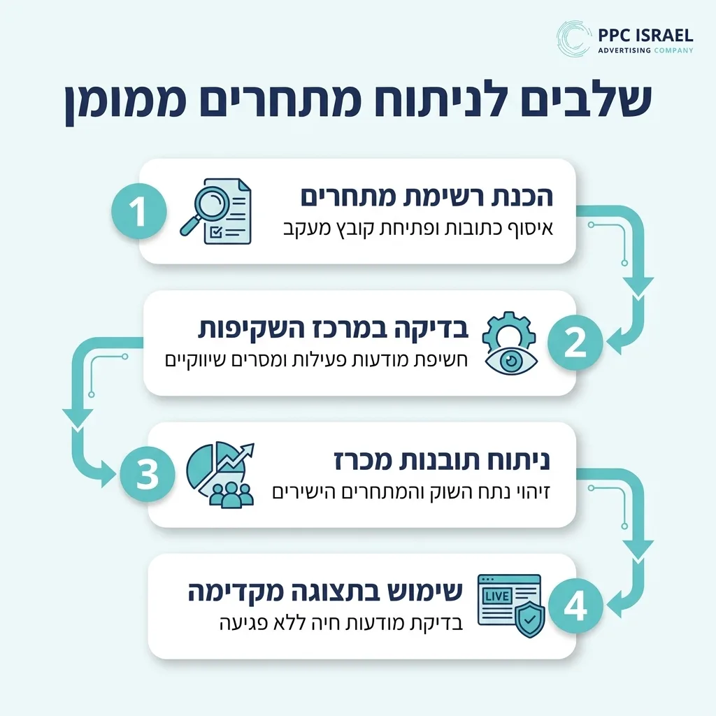 אינפוגרפיקה — שלבים לניתוח מתחרים ממומן: הכנת רשימת מתחרים, בדיקה במרכז השקיפות, ניתוח תובנות מכרז, שימוש בתצוגה מקדימה