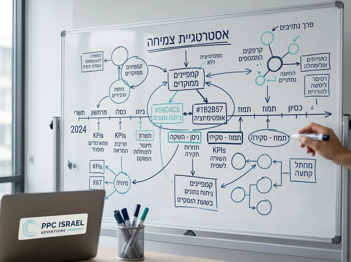 צילום אותנטי של לוח מחיק משרדי שעליו משורטט תרשים זרימה של אסטרטגיית צמיחה ונקודות זמן על פני חודשים, פוקוס על מרכז הלוח