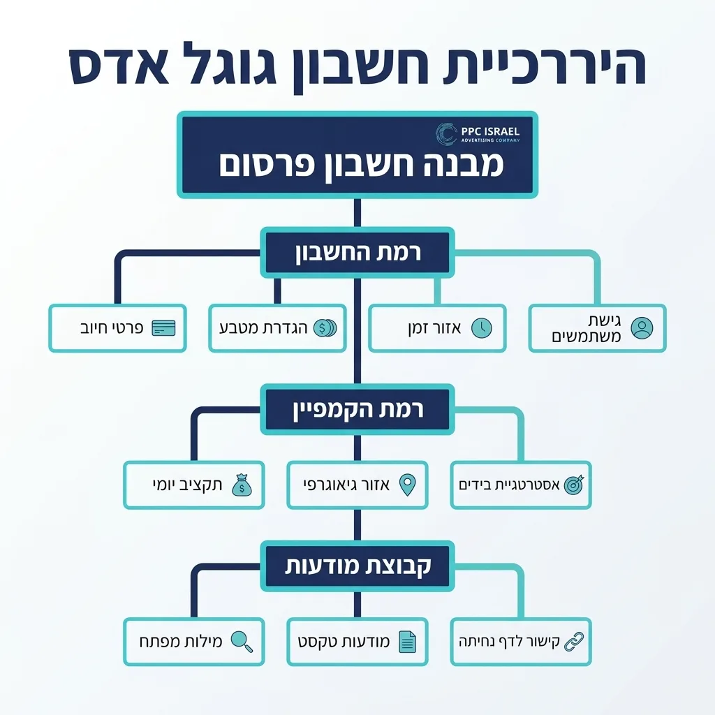אינפוגרפיקה — היררכיית חשבון גוגל אדס: מבנה חשבון פרסום