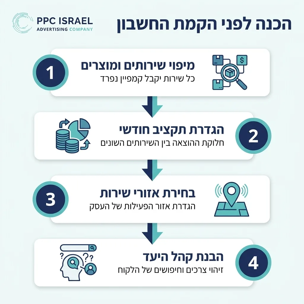 אינפוגרפיקה — הכנה לפני הקמת החשבון: מיפוי שירותים ומוצרים, הגדרת תקציב חודשי, בחירת אזורי שירות, הבנת קהל היעד