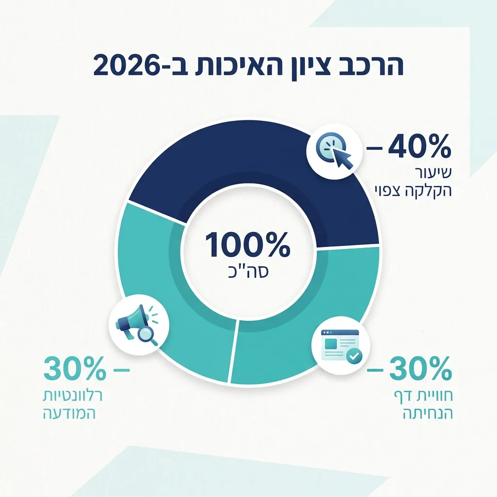 אינפוגרפיקה — הרכב ציון האיכות ב-2026: שיעור הקלקה צפוי, רלוונטיות המודעה, חוויית דף הנחיתה