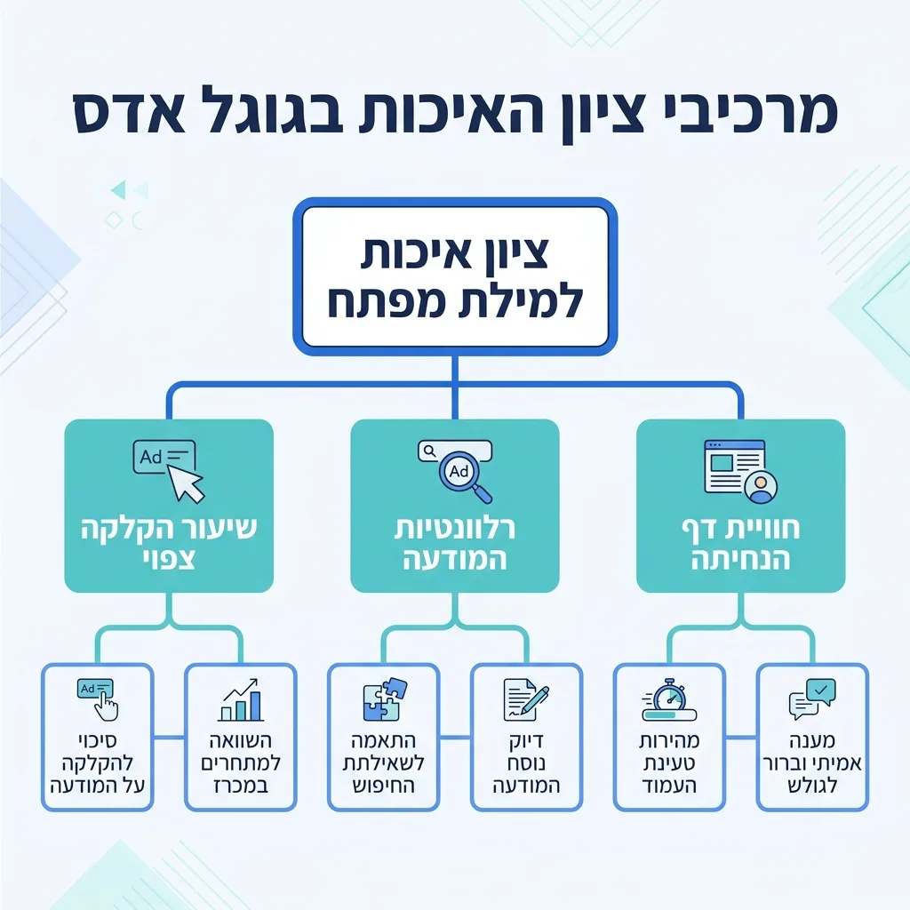 אינפוגרפיקה — מרכיבי ציון האיכות בגוגל אדס: ציון איכות למילת מפתח